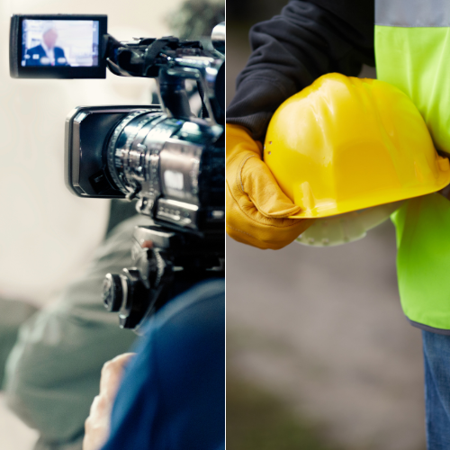 construction, construction jobs, construction worker, hard hat, high-vis, camera operator, cameraman, camerawoman, TV crew, filming, media 